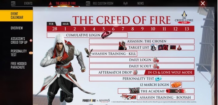 Calendario de eventos de Free Fire x Assassin's Creed