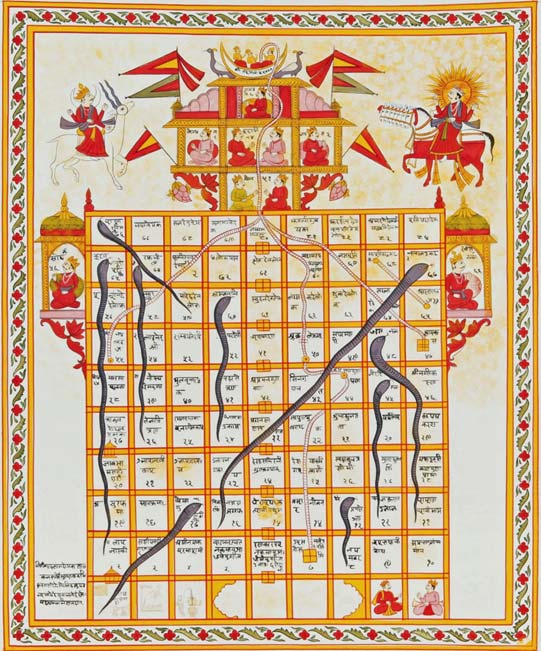 Versión jainista del juego de serpientes y escaleras llamado jnana bazi o Gyan bazi, India, siglo XIX, gouache sobre lienzo.  (Área pública)
